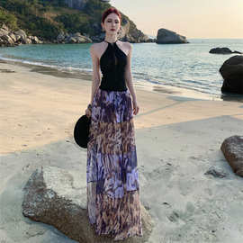 海边度假挂脖连衣裙吊带镂空性感露背假两件轻礼服女夏季