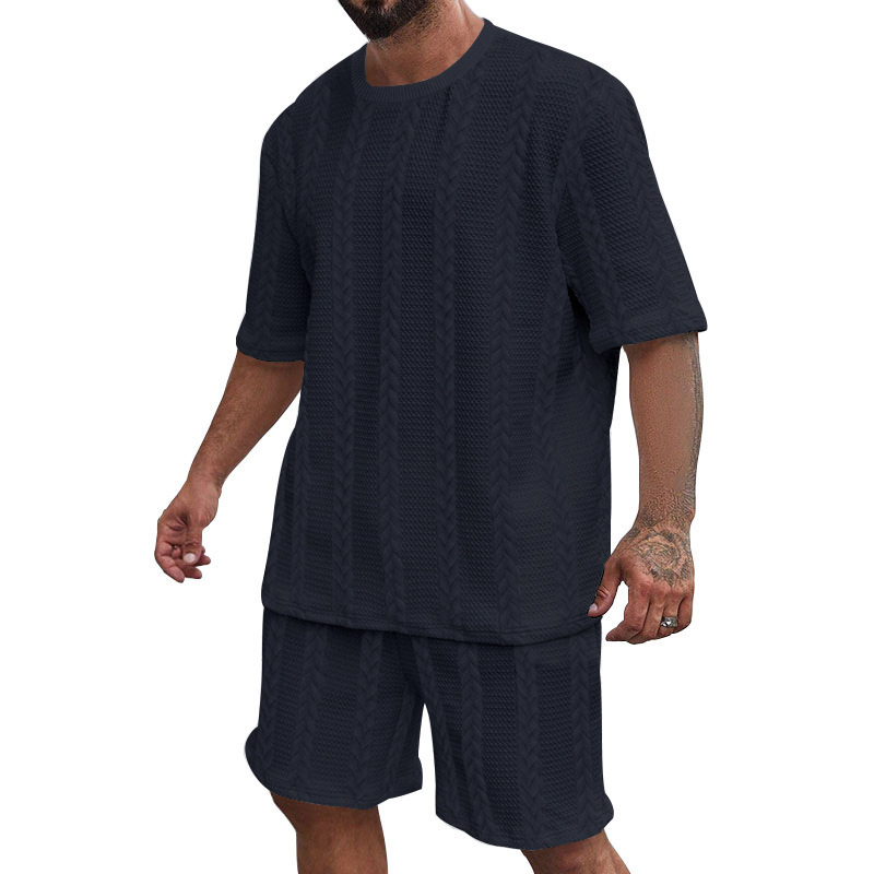 Men's Jacquard Knit Short Sleeve Tee And Shorts Set Solid Color Casual Summer Sport Outfit_viptrois.com