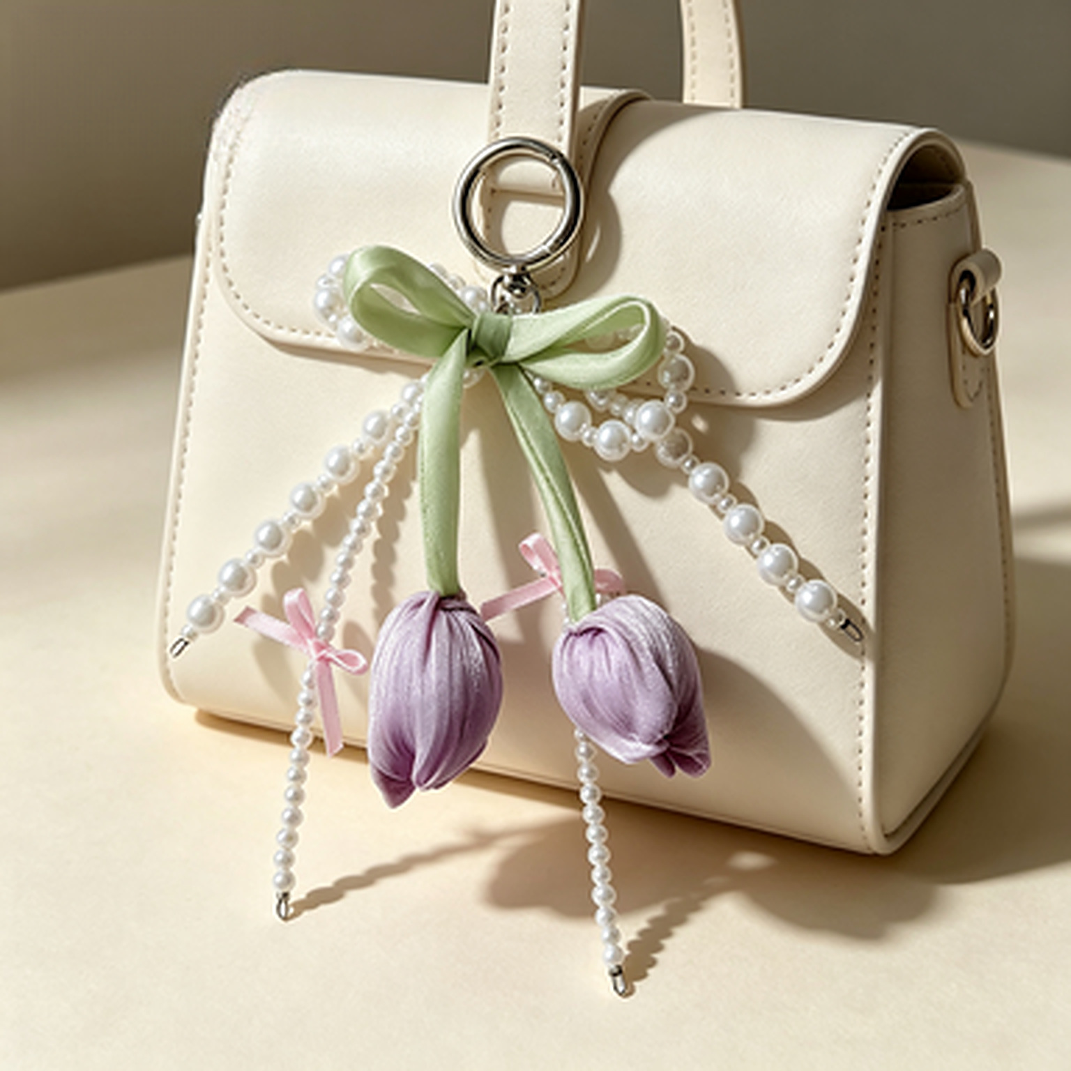 Summer Sweet and Fresh Pearl Bow Tulip Phone Charm Versatile Girl's Bag Accessory Best Friend Gift