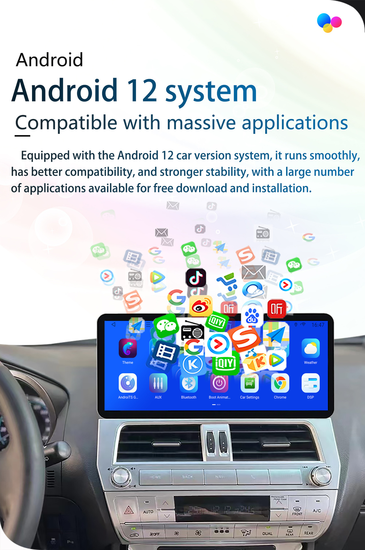 Suitable for 2010-2020 Toyota Prado New and Old Models Modification 12.3inch Android Large Screen Navigator