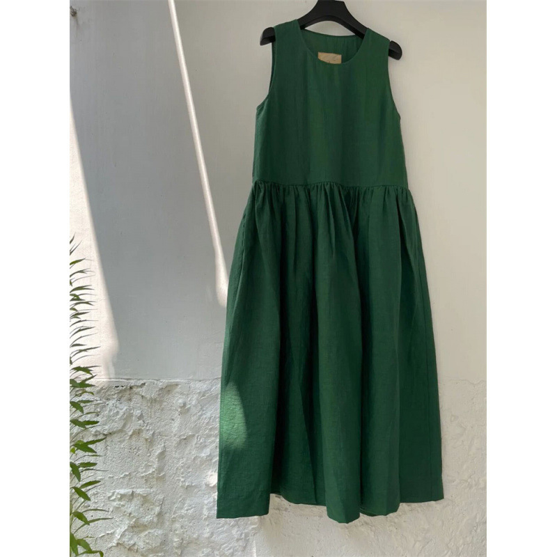 Bargain~ Summer New Hong Kong Style Retro Sweet Tea Break Emerald Green Whitening Cotton Linen Tank Dress for Women