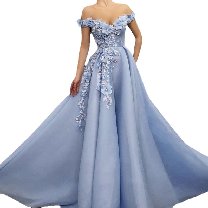 Europa y América Amazon AliExpress deseo de las mujeres vestido de noche fuera del hombro elegante vestido de banquete flor 3D vestido largo