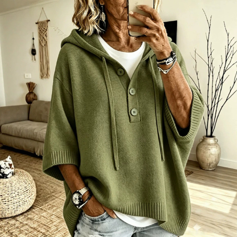2026 European and American Style Button Knit Hooded Half-Button Lazy Style Sweater Autumn and Winter New Cross-Border Solid Color Versatile Women's Clothing