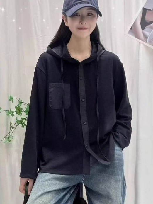 休闲百搭纯色连帽长袖开衫t恤女 2025秋季新款宽松大码衬衣衬衫|undefined