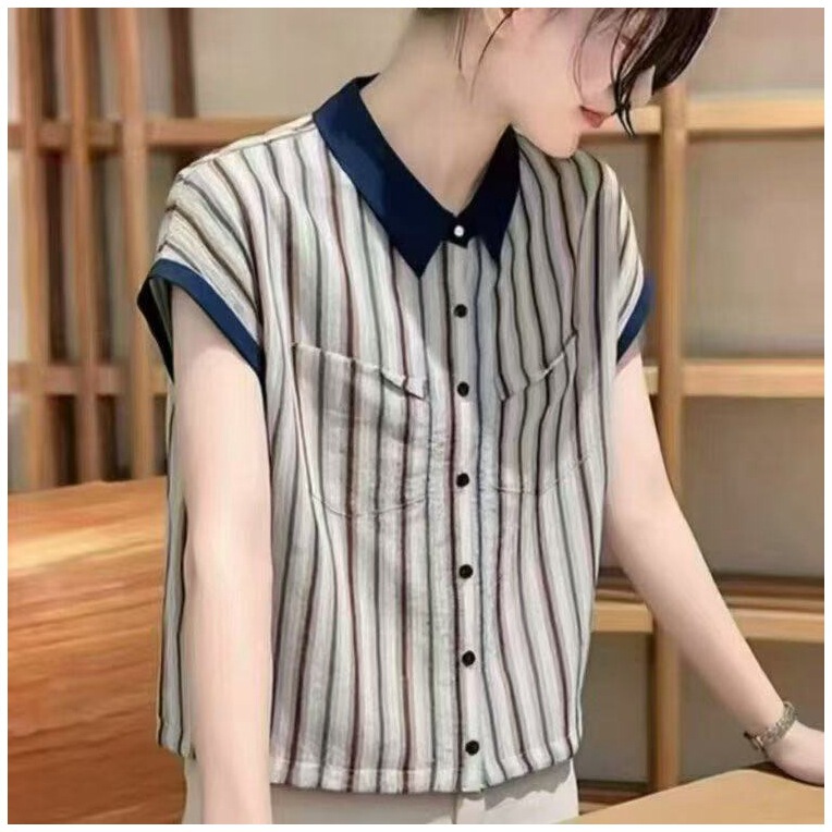 Korean Style Color-Block Polo Collar Striped Shirt for Women, 2026 Summer New Loose Casual Slimming Versatile Short-Sleeve Top Korean Style Color-Block Polo Collar Striped Shirt for Women, 2026 Summer New Loose Casual Slimming Versatile Short-Sleeve Top