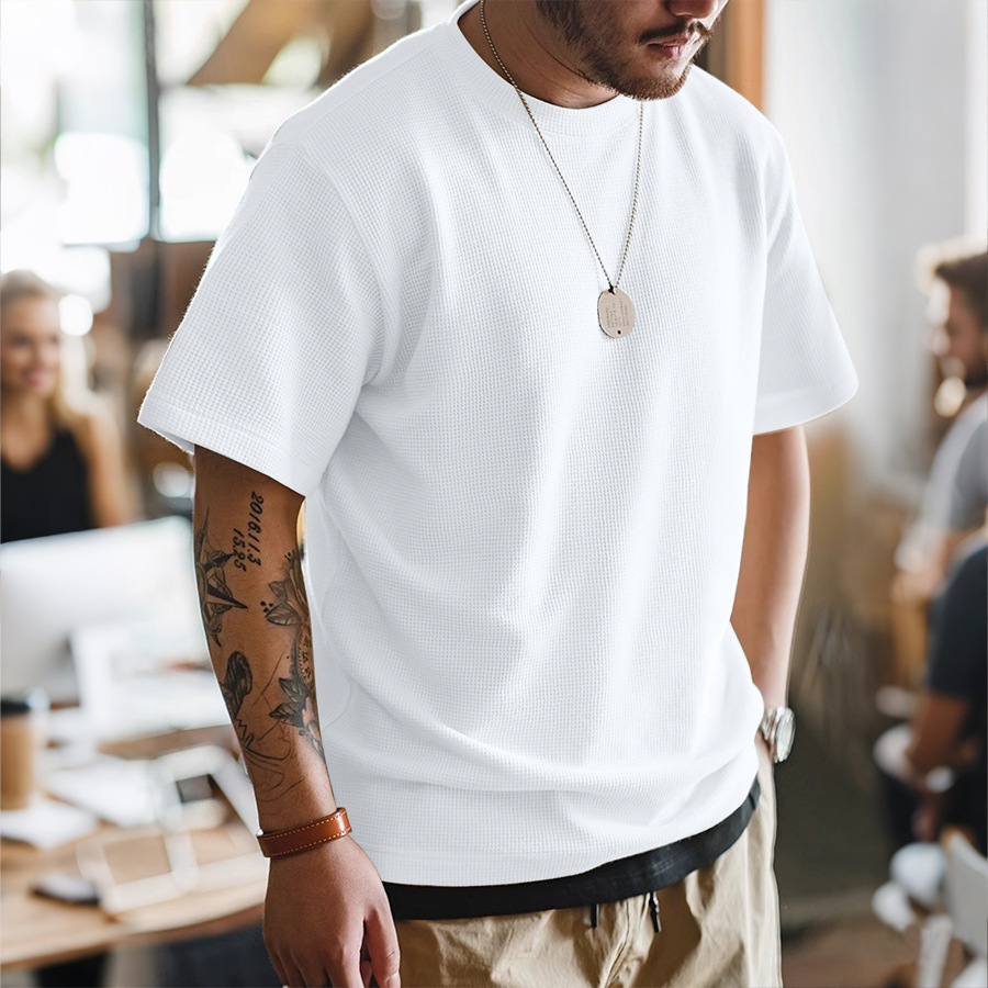 Men's Heavyweight Cotton Short Sleeve T-Shirt Simple Solid Color Loose Fit Breathable Summer Base Layer Wrinkle Resistant Top_voghion.com