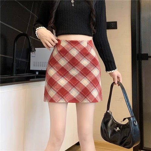 2024 Fall New Women's Petite Wool Vintage High-Waist Korean Chic Peplum Gingham A-Line Skirt