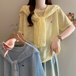 25 Years Plus Size Summer New Shawl + Casual Loose Knitted Versatile Short-Sleeved T-Shirt Sweet Thin Two-Piece Top