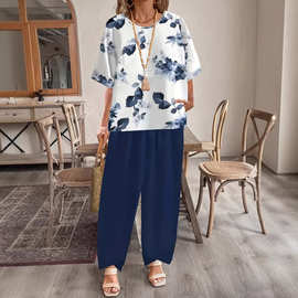 亚马逊女式两件套欧美圆领花卉印花宽松爆款休闲度假裤装
