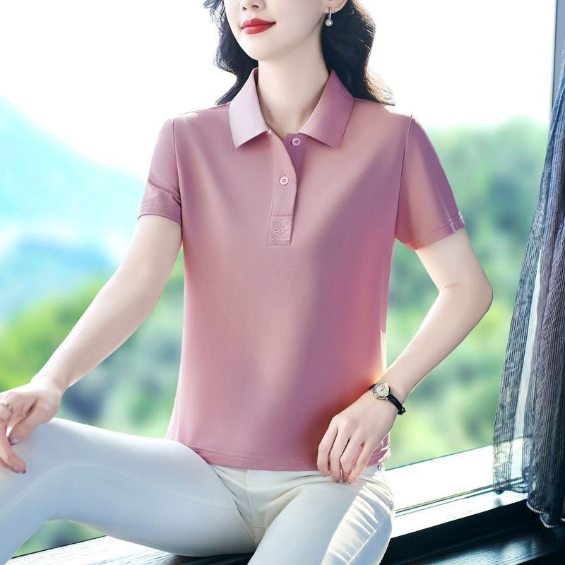 纯棉女士T恤短袖时尚中年妈妈POLO衫显瘦气质上衣粉色中老年女装