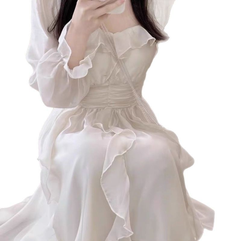 法式杏色温柔方领荷叶连衣裙2025年春秋气质高级小个子超仙长裙女|undefined