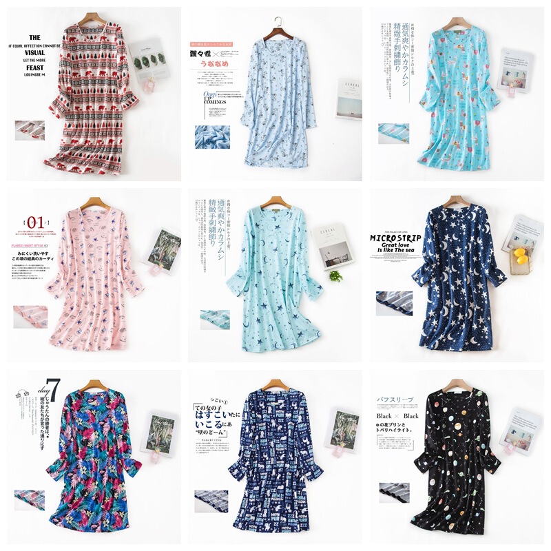 [Dropshipping Order] Summer Long Sleeve Nightdress for Women, Plus Size Cute Cartoon Homewear, Extra Large Knitted Cotton Pajamas