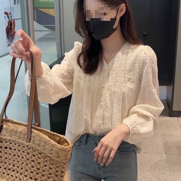 设计感小众蕾丝长袖衬衫秋装女2025年新款刺绣小衫打底衫法式上衣|undefined