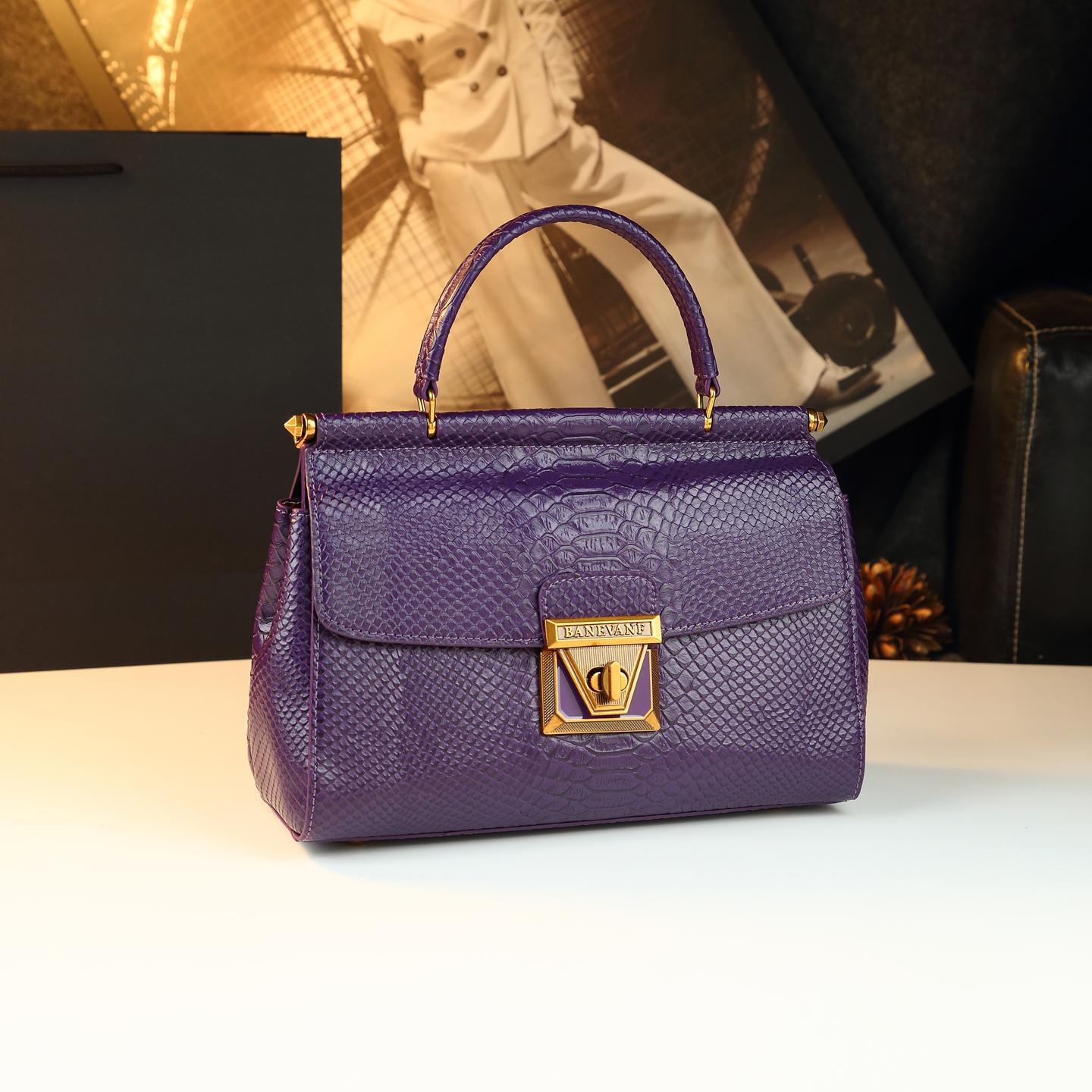 Túi đeo chéo cầm tay da bò kiểu Pháp preppy, túi vỏ sò thời trang nữ — màu đen, màu tím