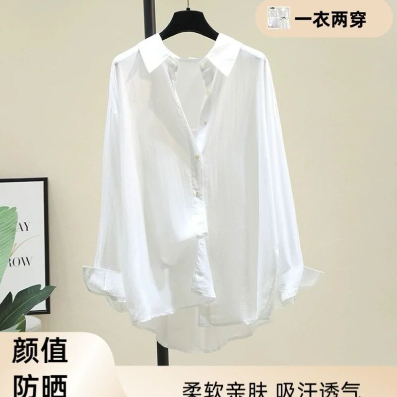 Women's Korean-Style Loose Casual Thin Long-Sleeve White Tencel Cotton Shirt for Outerwear, Modern Dance Shirt