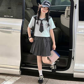 女童夏季学院风两件套JK2026新款中大童短袖衬衫蝴蝶结百褶裙套装