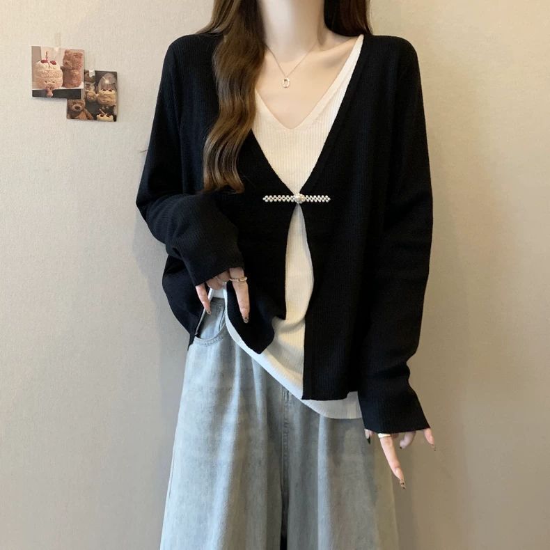 300斤特大码拼接假两件V领针织开衫毛衣女胖mm新中式盘扣复古上衣|undefined