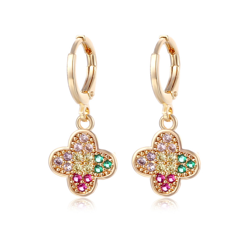 Fashion Vintage Color Inlaid Zircon Four-leaf Clover Earrings Wholesale Nihaojewelry display picture 1