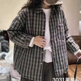 秋冬新款日系风 格子简约夹棉外套翻领气质通勤百搭棉服上衣