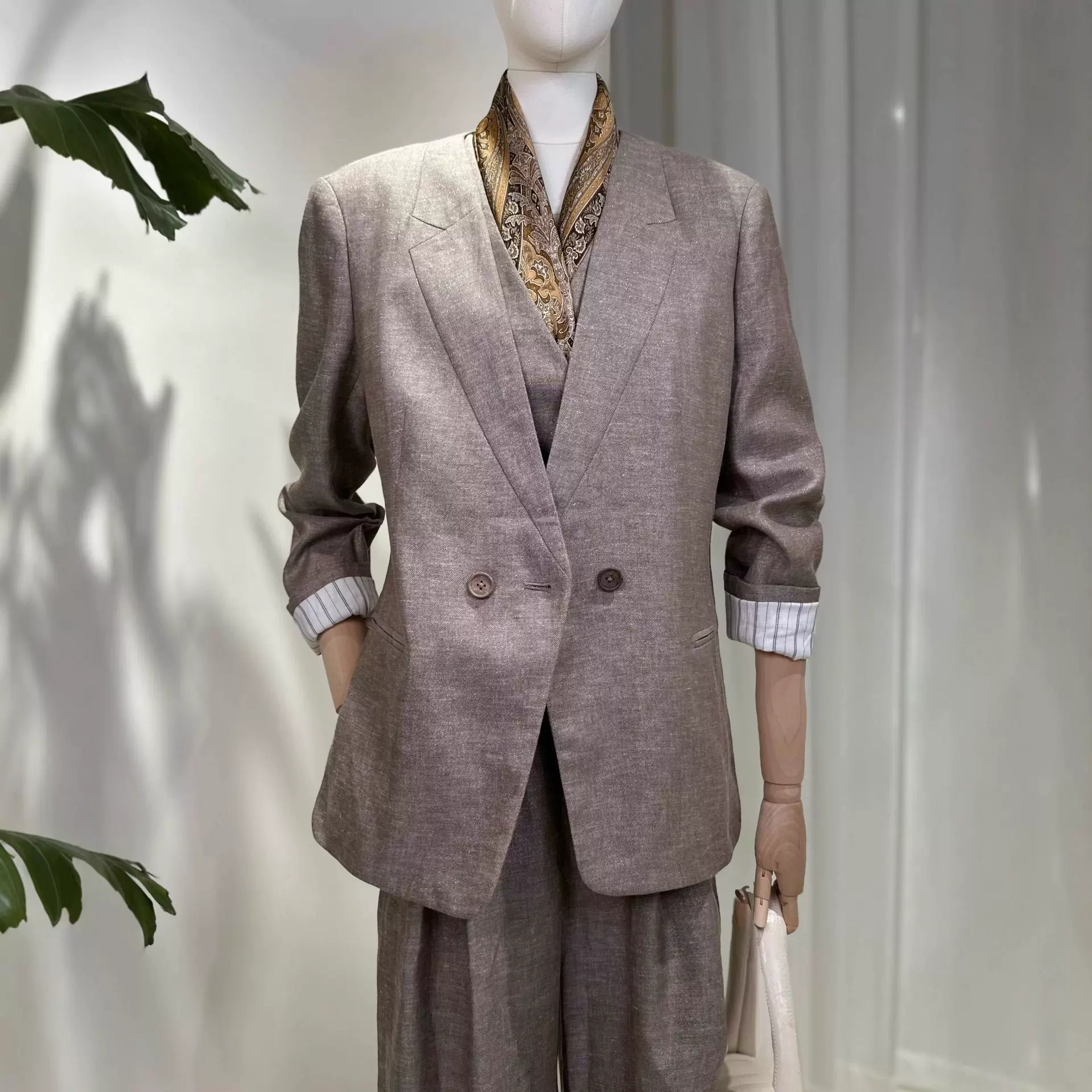 老钱风西装外套亮丝亚麻无领西装女简约通勤气质直身长袖上衣西服