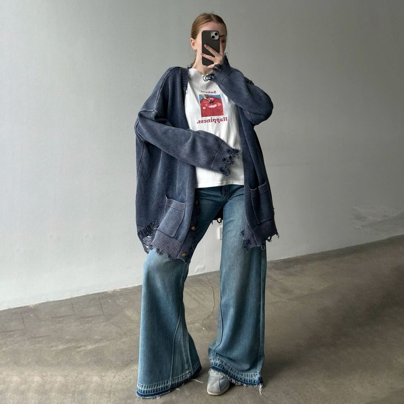 欧美时尚多巴胺破损毛衣开衫秋季新款简约套头宽松温柔风休闲女式|undefined
