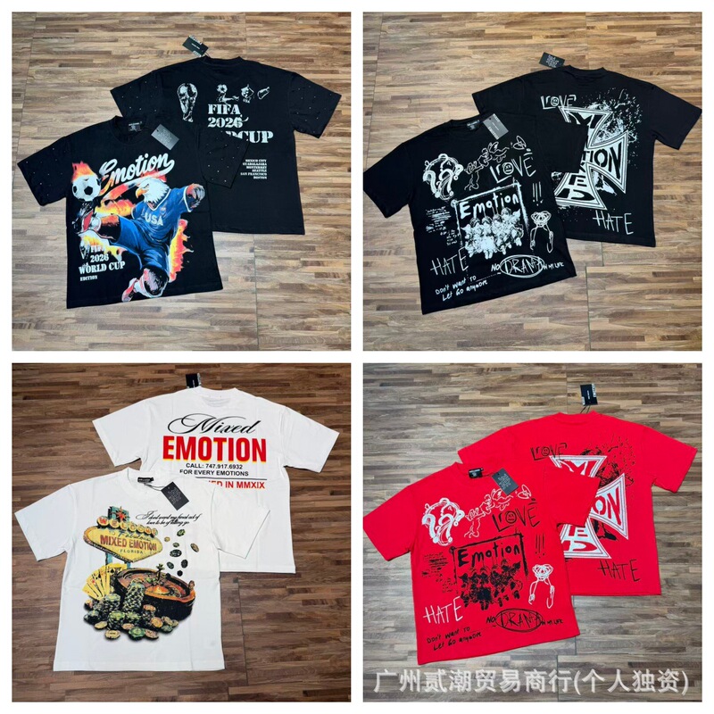 Cross-border 26 new trendy MIXED EMOTION retro street rock round-neck high street short-sleeve T-shirt, loose fit for summer