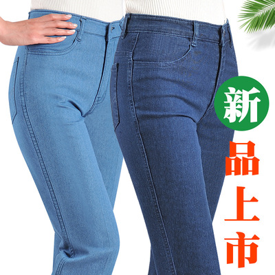 春秋款女士牛仔褲高腰深裆寬松彈力直筒休閑中老年夏薄款壹件代發