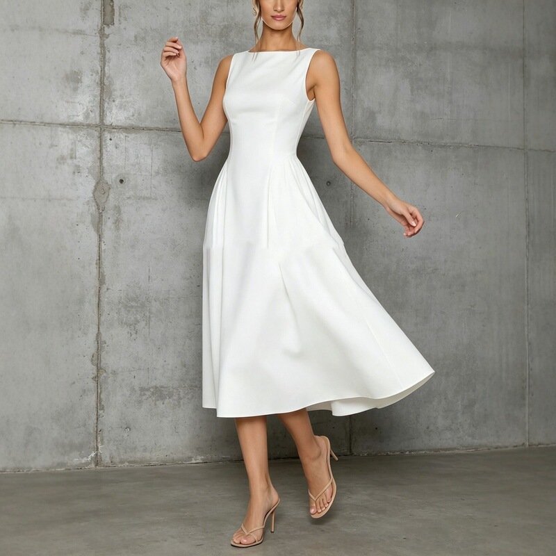 New European and American cross-border sleeveless waist-cinching A-line dress, French-style simple and elegant mid-length solid color gown New European and American cross-border sleeveless waist-cinching A-line dress, French-style simple and elegant mid-length solid color gown