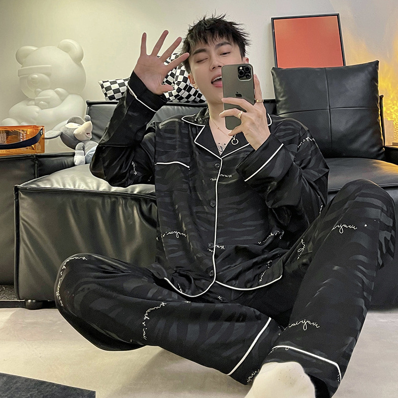 Pijamas de hombre primavera y otoño pantalones de manga larga de seda de hielo 2023 Nueva talla grande más tamaño ropa de hogar de seda real verano e invierno