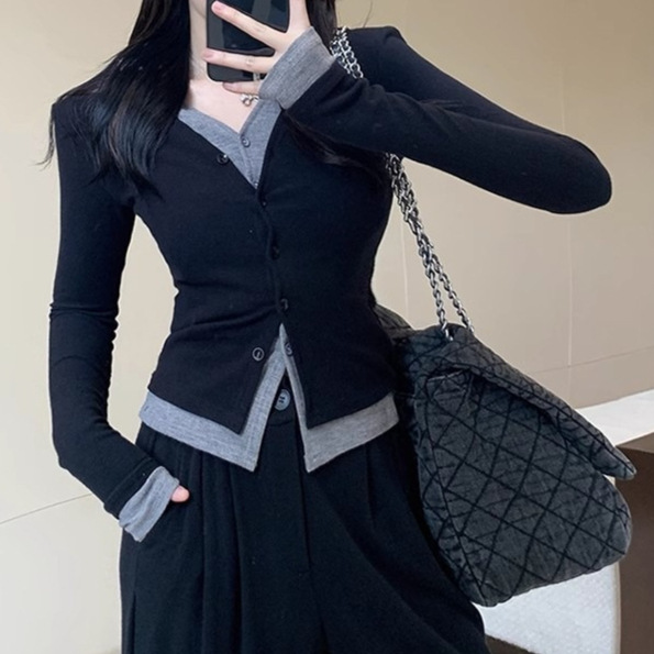 跨境批发秋冬韩系莫代尔260克拼接开衫假两件气质长袖t恤女式上衣