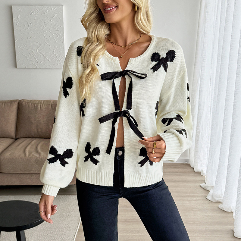 European and American Export 2025 New Autumn and Winter Holiday Style Casual Sweet Lace-Up Cardigan Women's Bow Sweater Coat European and American Export 2025 New Autumn and Winter Holiday Style Casual Sweet Lace-Up Cardigan Women's Bow Sweater Coat