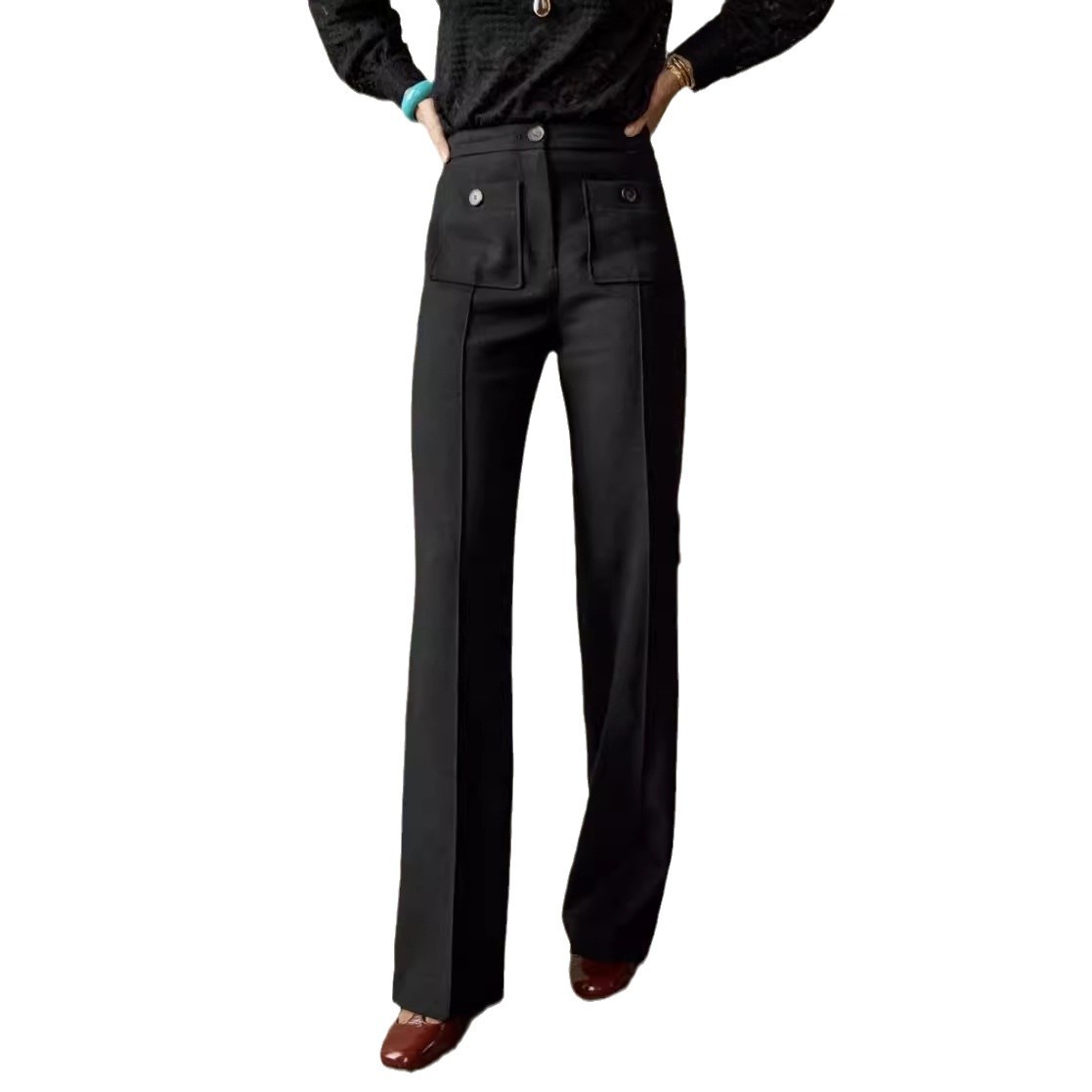 SE bolsillo de botón de cintura alta tridimensional de costura media pantalones delgados pantalones rectos de arroz blanco pantalones casuales para mujeres