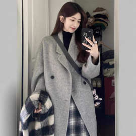 灰色毛呢外套女2024年新款秋冬装韩系小个子高级感中长款呢子大衣