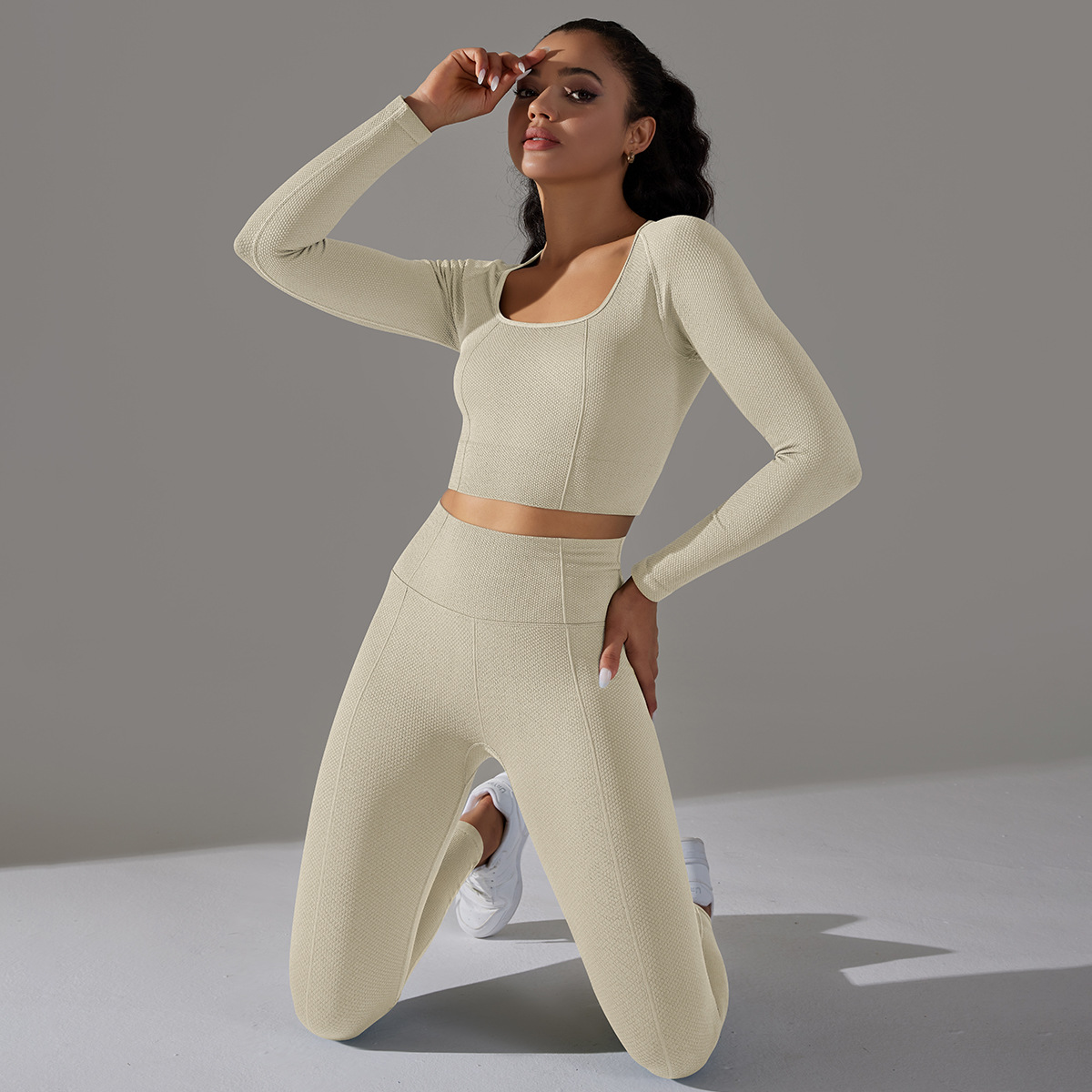 Rochie de yoga Jacquard pentru femei, cu mânecă lungă, talie înaltă, colanți de șold, îmbrăcăminte sport pentru fitness_voghion.com