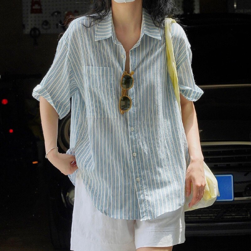 Blue Striped Loose Shirt Women's Lazy Style 2025 New Short-sleeved Top Design Niche Casual Shirt for Summer