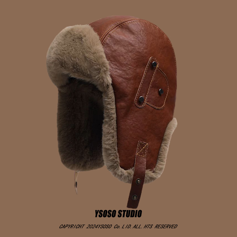 Vintage Leather Lei Feng Hat Winter Warm Aviator Hat for Men and Women fleece-lined Thickened Cycling Ski Ear Protection Hat Trendy
