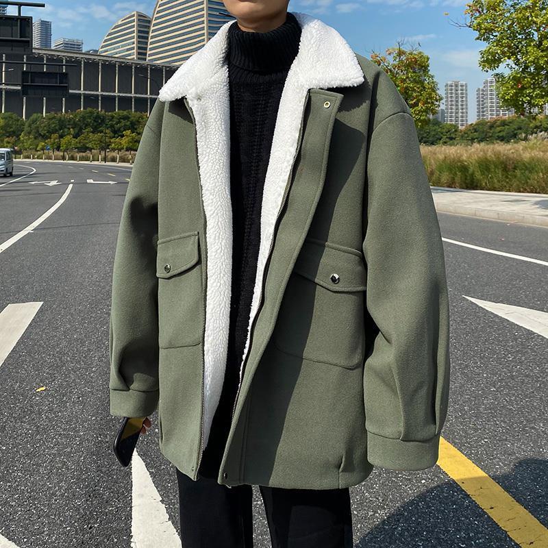가을과 겨울 양고기 양모 코트 남자 기모 두꺼운 양모 면 패딩 코트 홍콩 패션 브랜드 잘 생긴 모피 원피스 코튼 패딩 코트