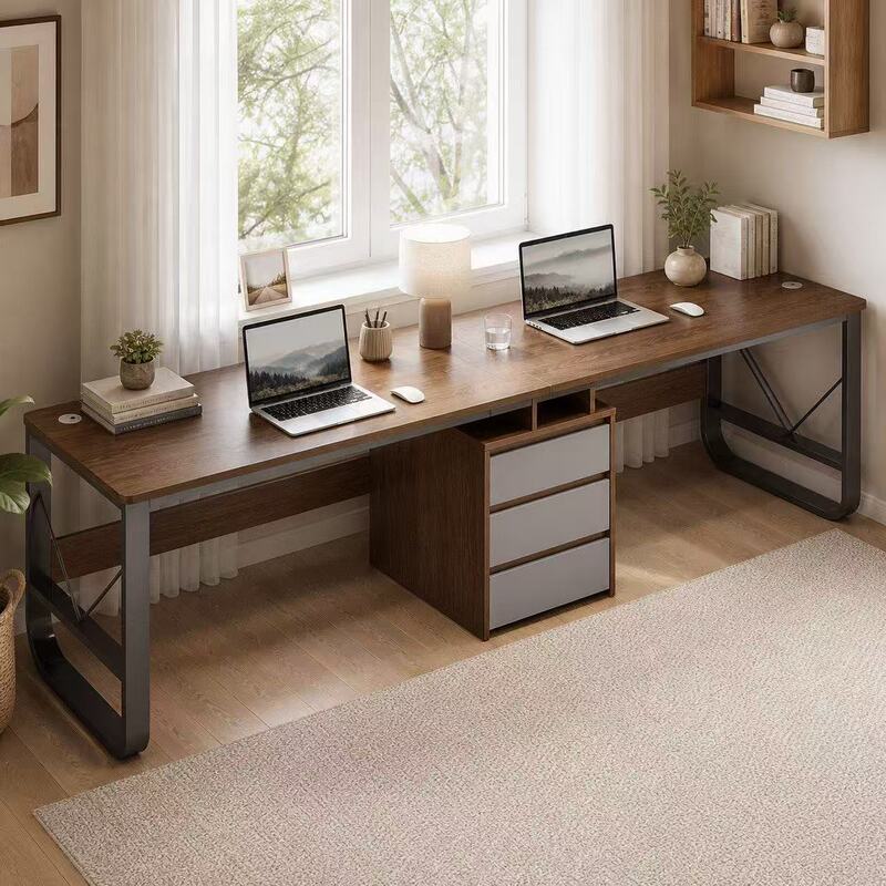 Bedroom home desk, long office desk, double computer desk, storage study and work desk, double computer desk, writing desk