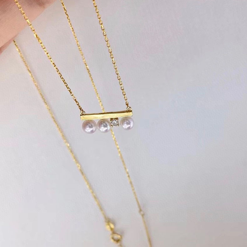 Collana in legno con tre perle in equilibrio con catena per clavicola intarsiata con perle d'acqua dolce, catena a forma di O in oro da donna, regolabile_voghion.com