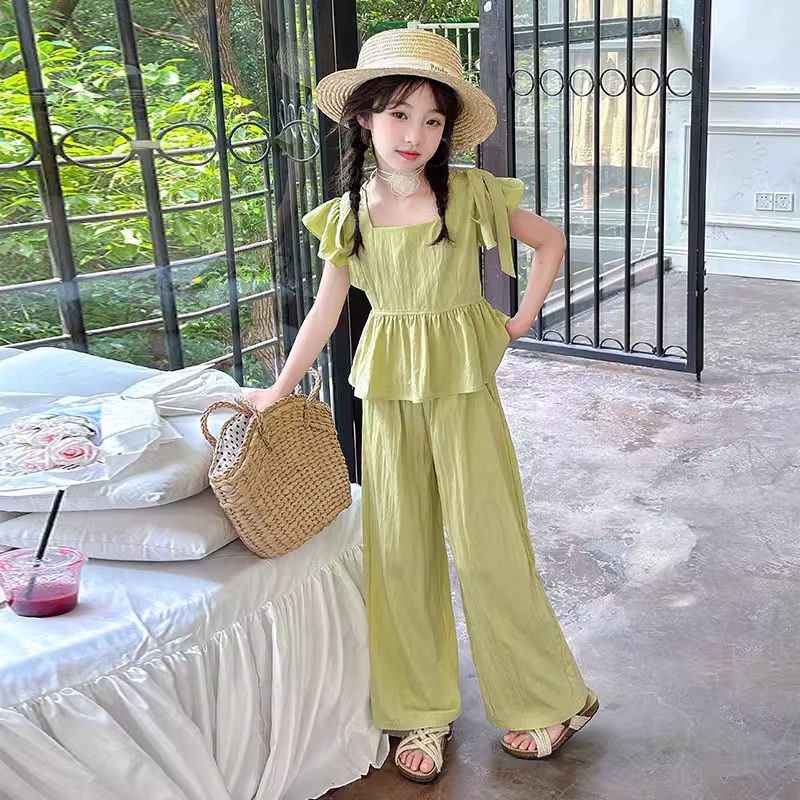 2024 New Style Mädchen Kleines Puppenhemd mit fliegenden Ärmeln für den Sommer für Kinder, Oberteil mit Moskitohose, zweiteiliges Set_voghion.com