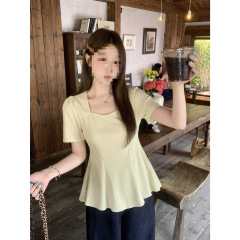 工場直販大きいサイズ Pure Desire スクエアネック右肩半袖 Tシャツレディース 2025 夏新作ファット mm スリムプリーツ裾
