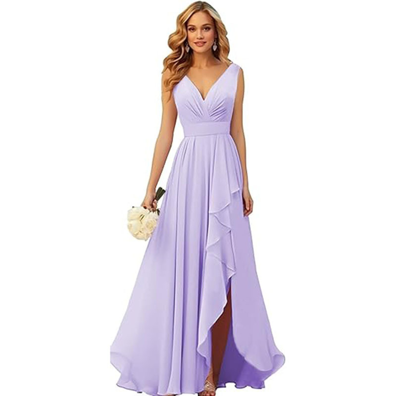 Foreign Trade Cross-border Evening Dress 2025 New V-neck Pleated Split Strap Long Chiffon Party Dress dress