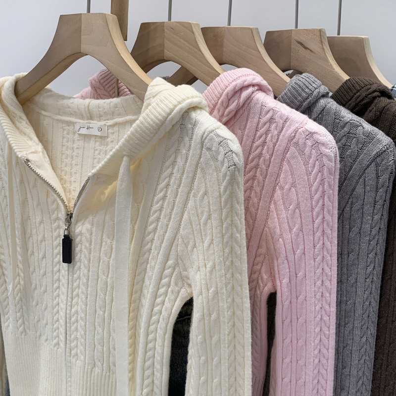 High-End Twist Hooded Long-Sleeved Knitted Cardigan for Women 2025 Autum New Slim Slim Short Jacket Top High-End Twist Hooded Long-Sleeved Knitted Cardigan for Women 2025 Autum New Slim Slim Short Jacket Top