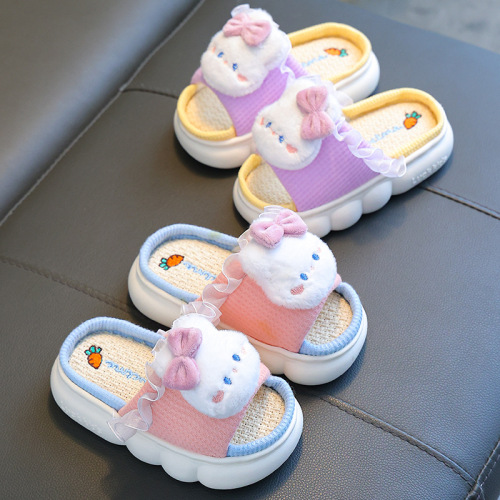Spring and Autumn Children's Linen Sandals Four Seasons Indoor Household Breathable Girls Parent-child Middle-aged Children Baby Cotton Linen Slippers