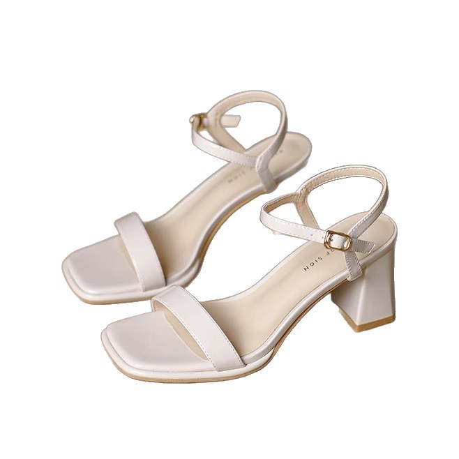 Sandalias de punta abierta para mujer con tacón grueso 2025 verano de alta gama estilo hada con falda beige con tacones altos