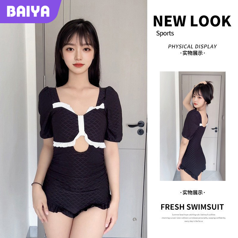 Traje de baño de una pieza de verano para mujer, ángulo plano, viento puro, hueco, sexy, cubrir el vientre, delgado, baño de vacaciones de aguas termales, traje de baño al por mayor