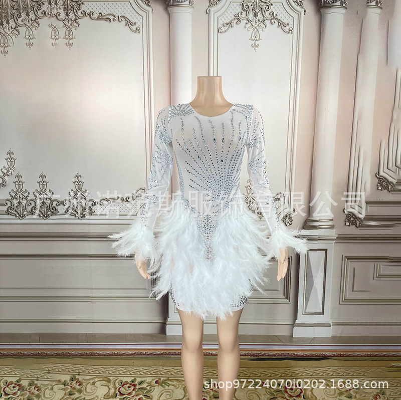 Novance2024 Spring Women's Sparkling Diamond Feather Mini Dress Wedding Party White Dress