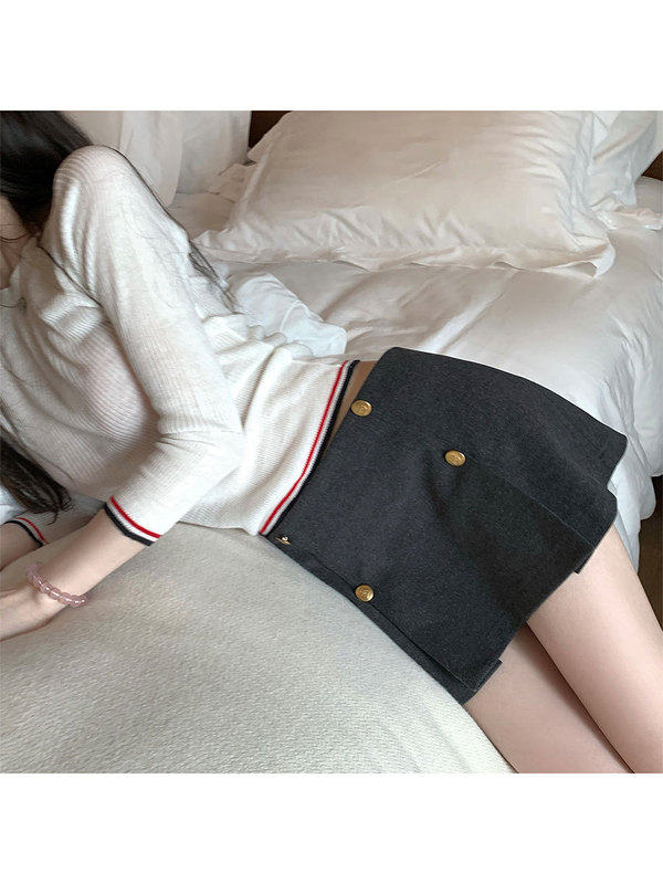 titi小姐姐【智性日常】半身裙女秋学院风灰色显瘦中低腰毛呢短裙|undefined