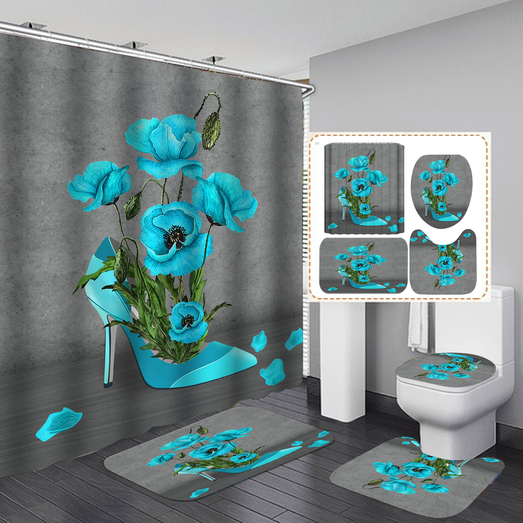 E-commerce transfronterizo HD digital poliéster impresión ducha cortina baño ducha cortina libre C-tipo de plástico colgante anillo 12