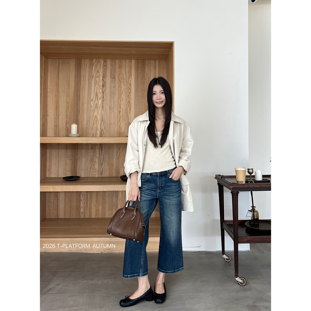 T-PLATFORM 辣妹八分微喇裤女2026早秋修身设计四面弹牛仔裤58080